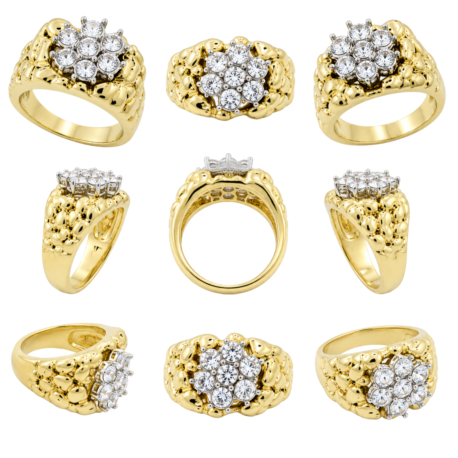 Royal Blossom Nugget Ring – Gold-Tone CZ Floral Cluster Statement Ring
