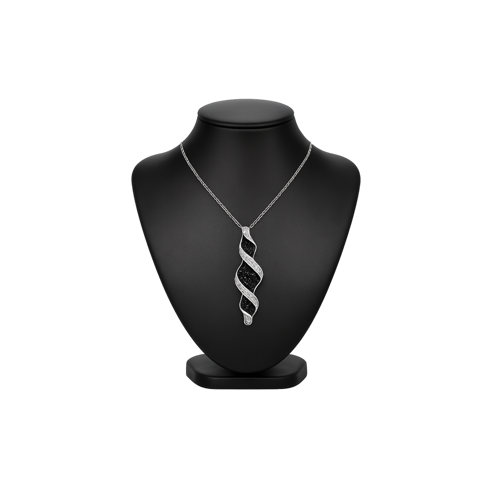 Silver 925 Black and Clear CZ Black and Rhodium Plated Twist Drop Pendant Necklace