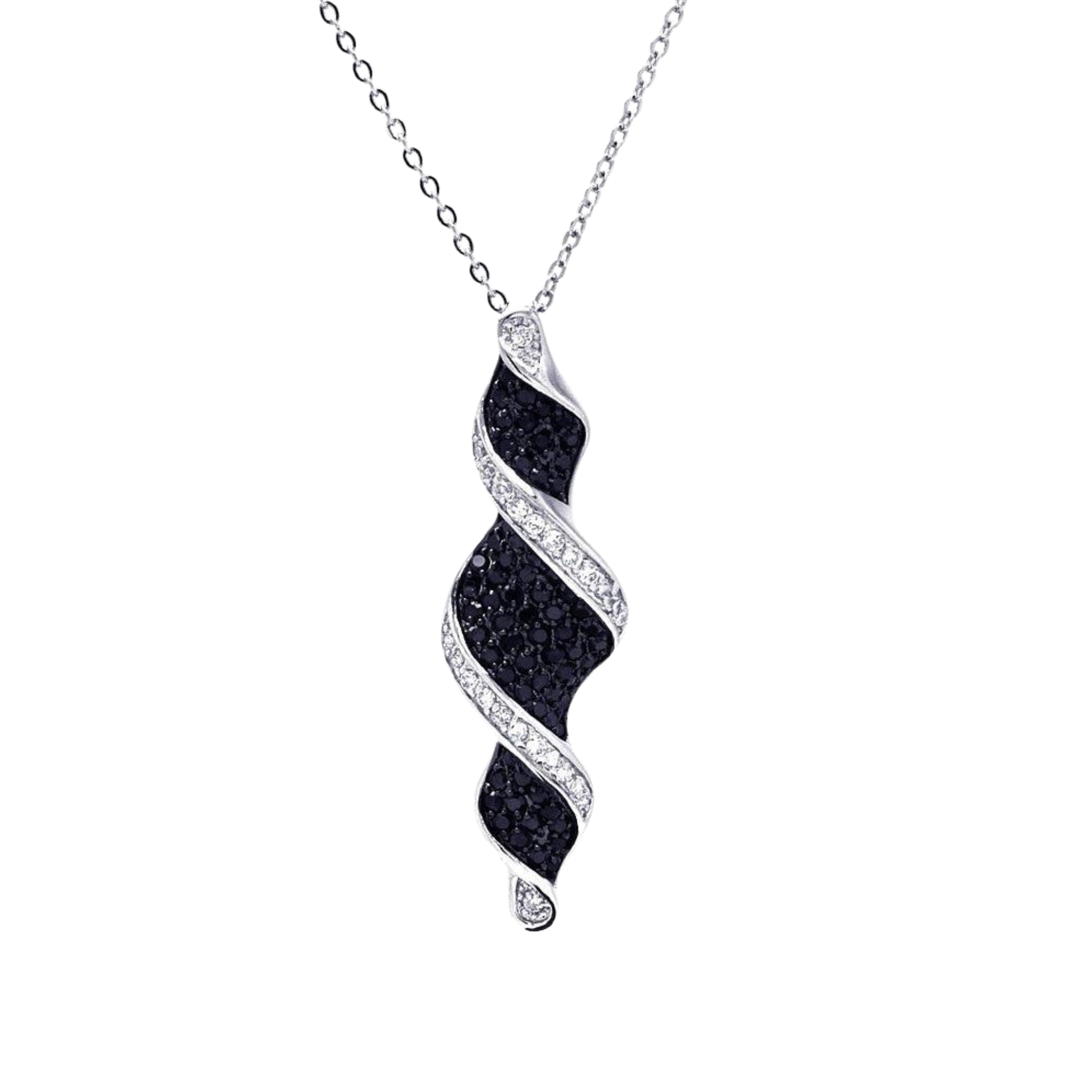 Silver 925 Black and Clear CZ Black and Rhodium Plated Twist Drop Pendant Necklace