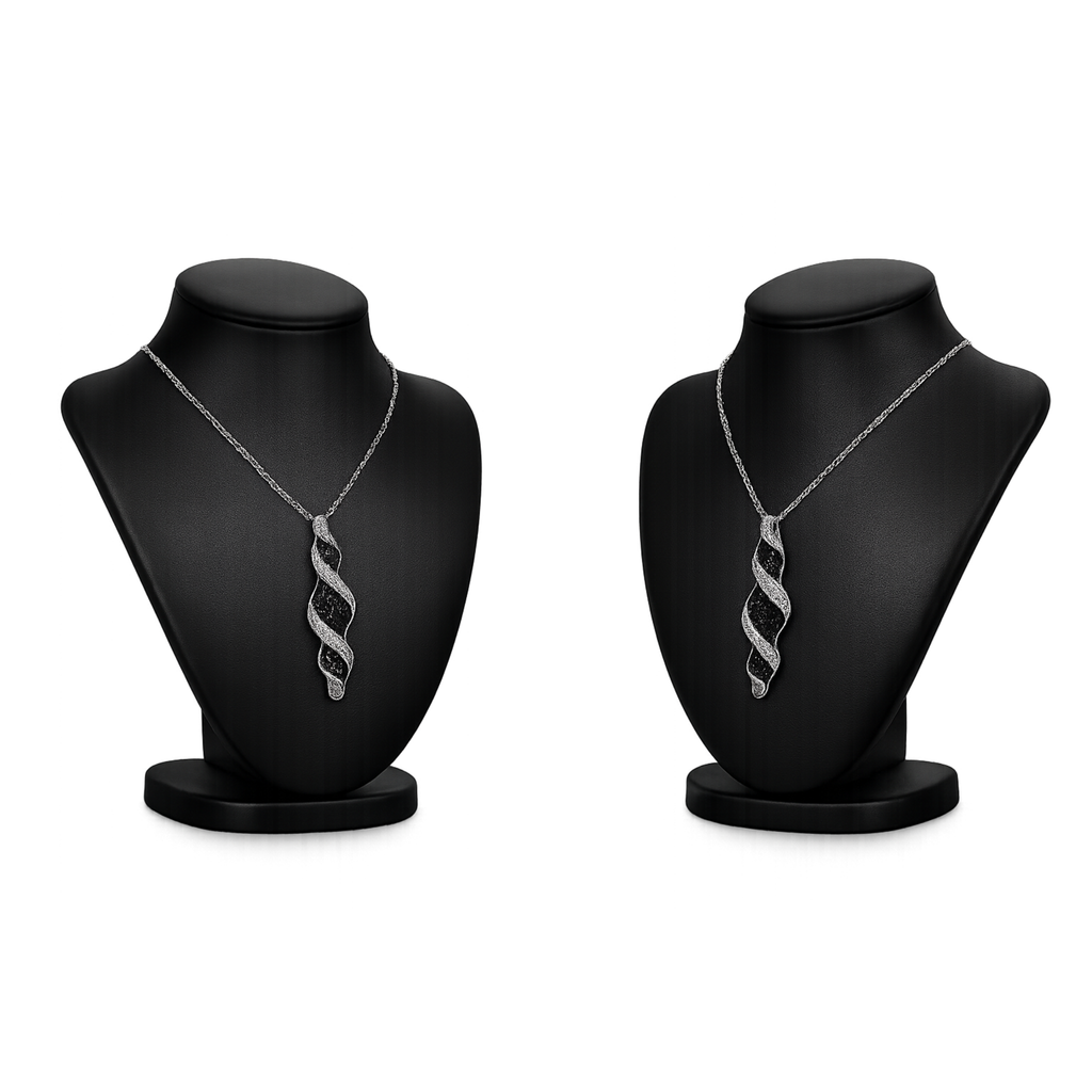 Silver 925 Black and Clear CZ Black and Rhodium Plated Twist Drop Pendant Necklace