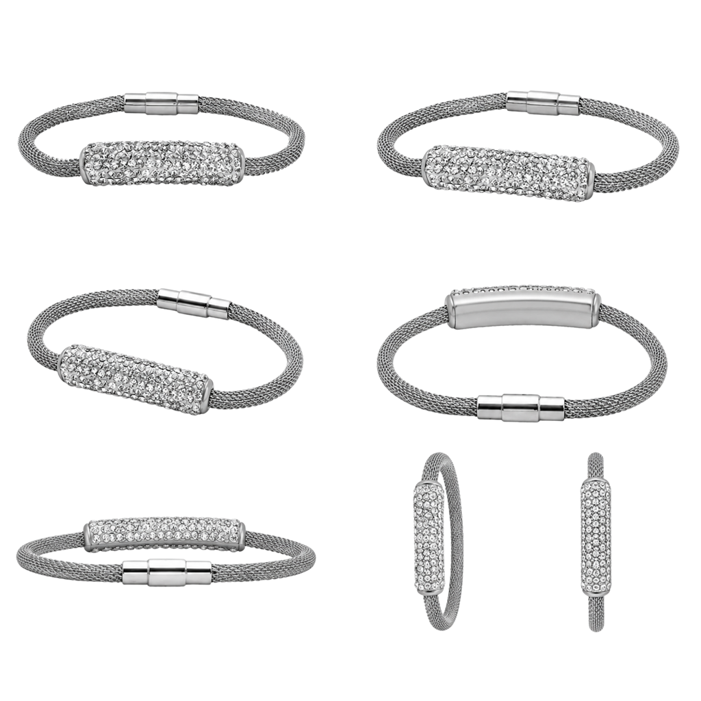 Women's Silver Stainless Steel Crystal Bracelet – Non-Tarnish Mesh Bracelet with Crystal Bar | Affordable Fashion Jewelry Gift