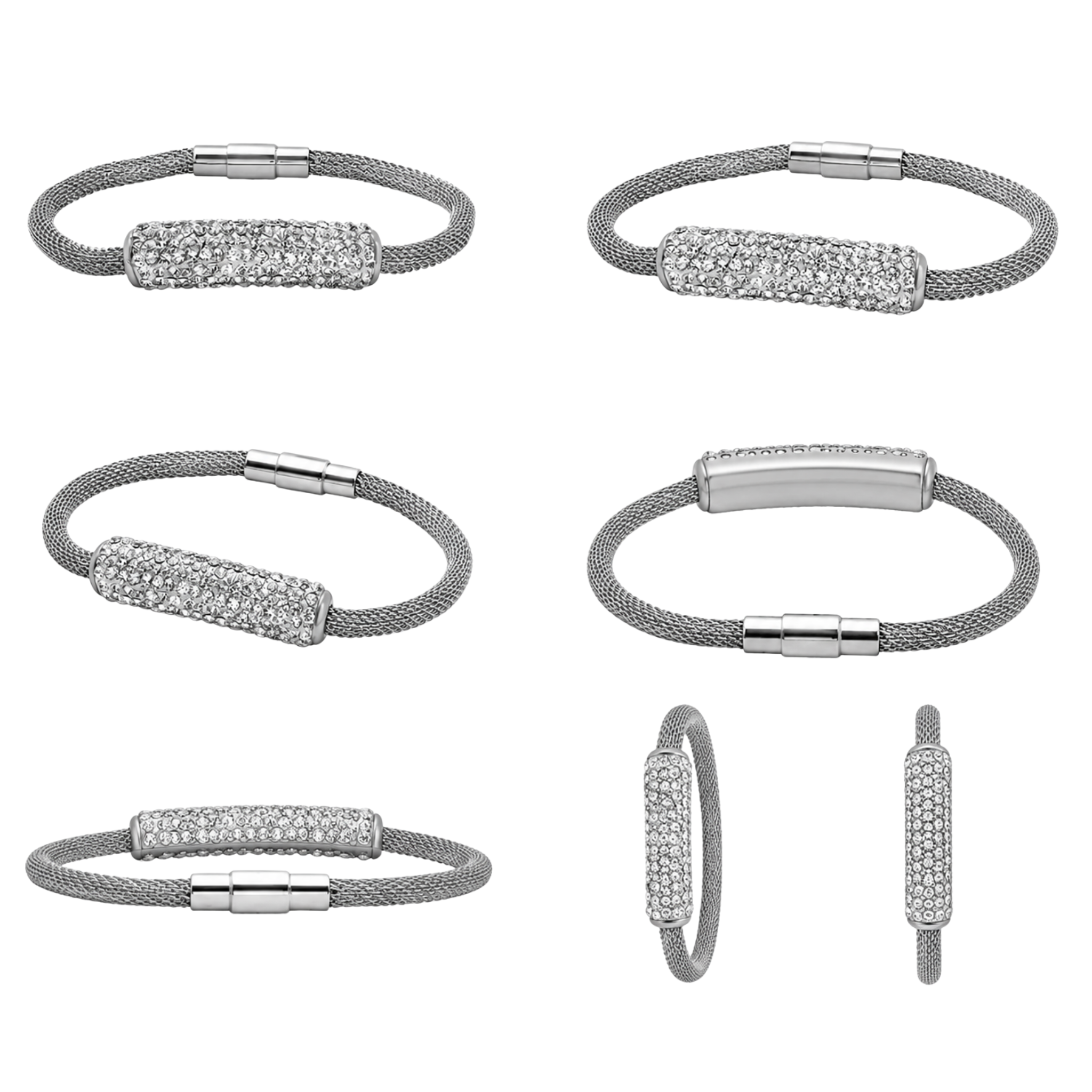 Women's Silver Stainless Steel Crystal Bracelet – Non-Tarnish Mesh Bracelet with Crystal Bar | Affordable Fashion Jewelry Gift