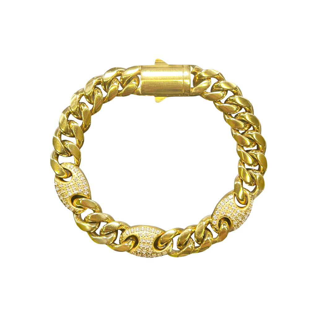 Unisex Stainless Steel Gold PVD Mariner & Cuban Link Bracelet with CZ CNC Setting