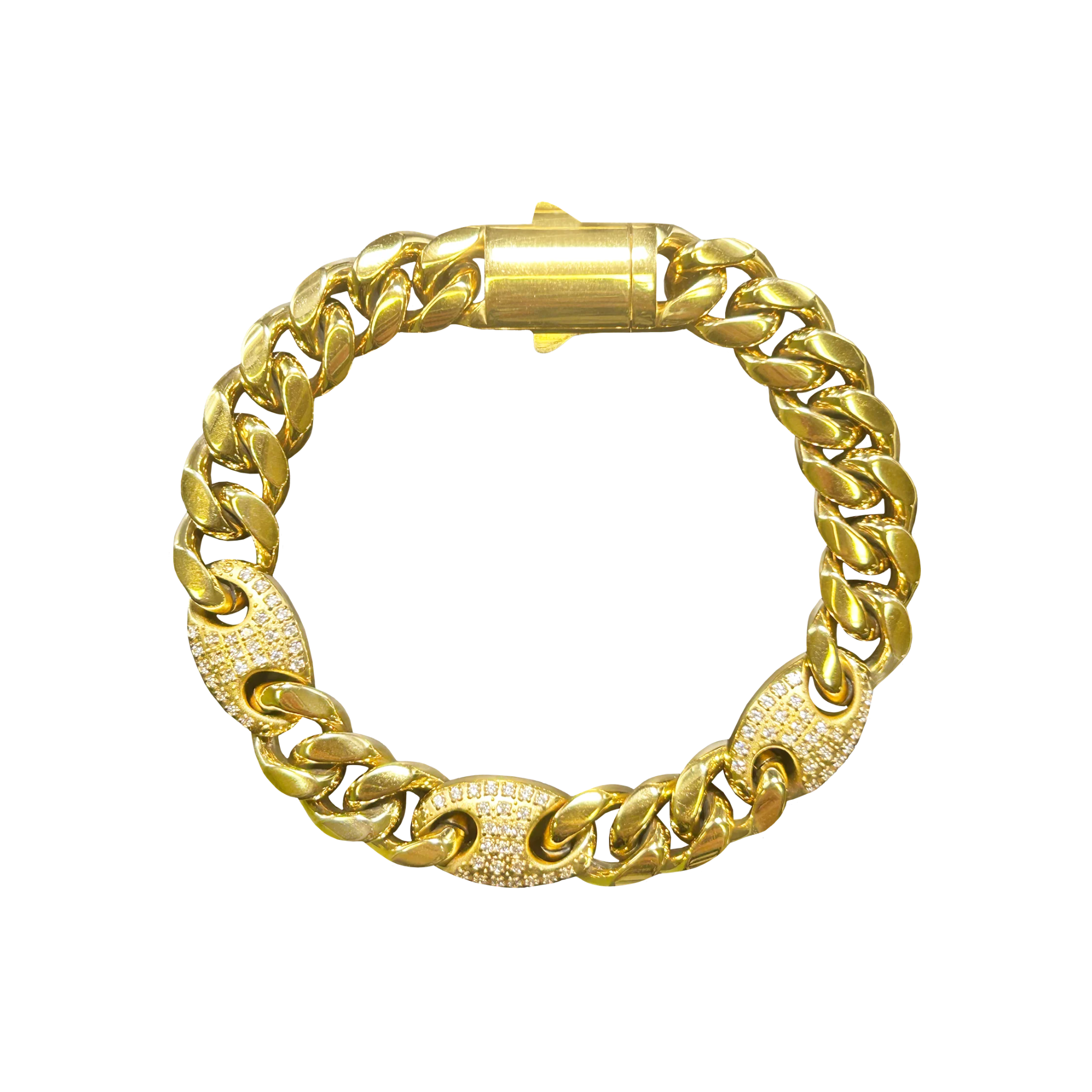 Unisex Stainless Steel Gold PVD Mariner & Cuban Link Bracelet with CZ CNC Setting