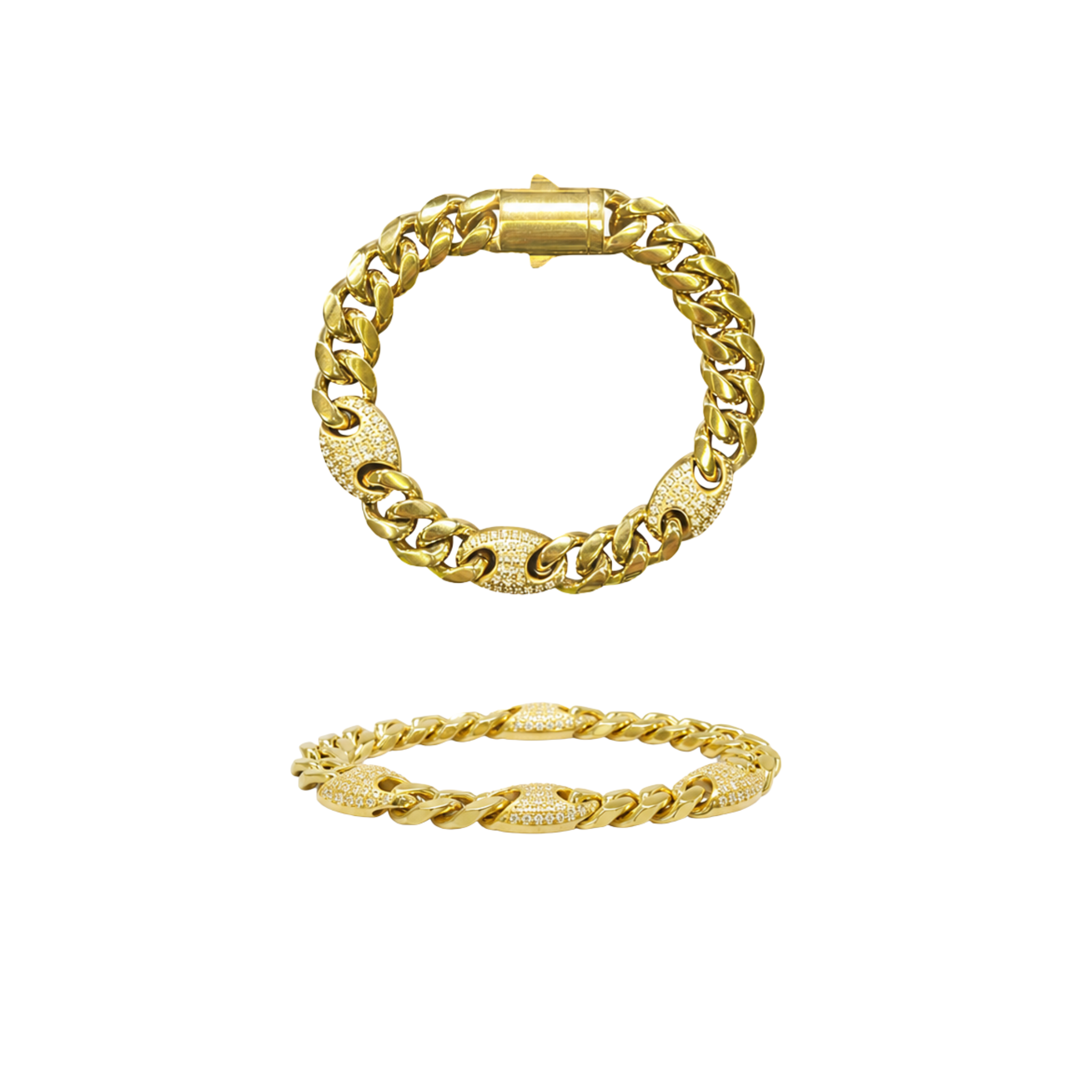 Unisex Stainless Steel Gold PVD Mariner & Cuban Link Bracelet with CZ CNC Setting