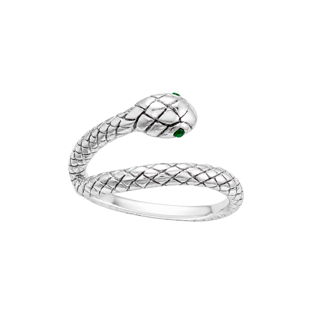 Stainless Steel Snake Ring w/ Green Eyes