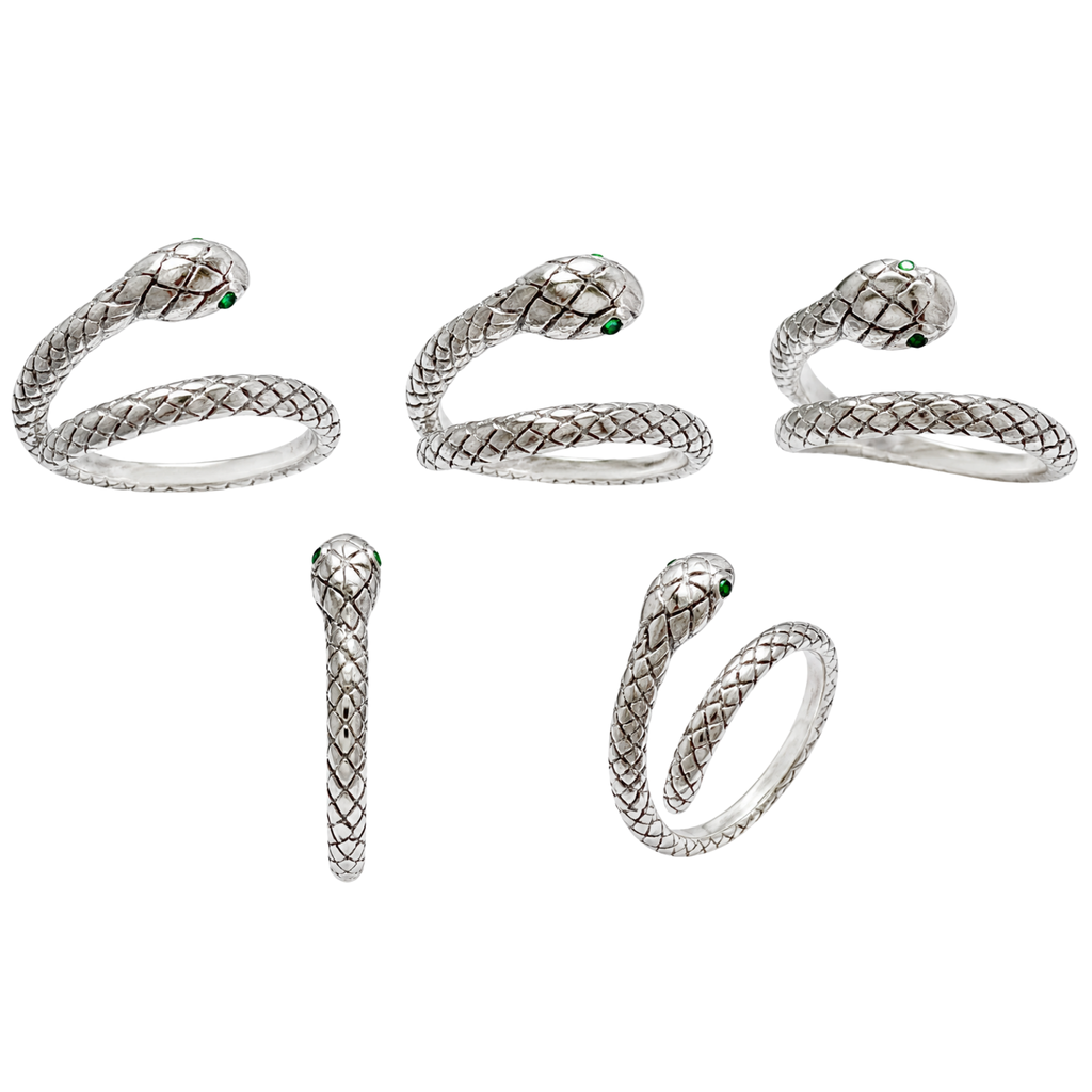 Stainless Steel Snake Ring w/ Green Eyes
