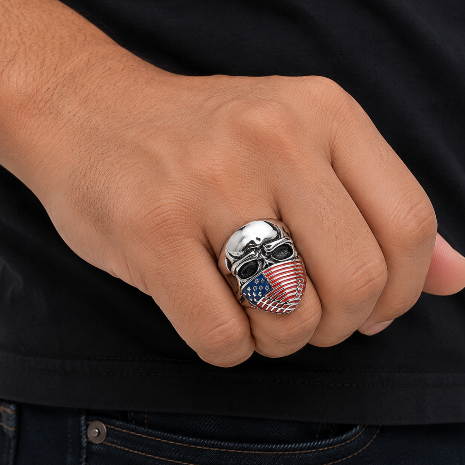 Stainless Steel USA American Flag Covered Skull Ring – Bold Biker Ring for Men