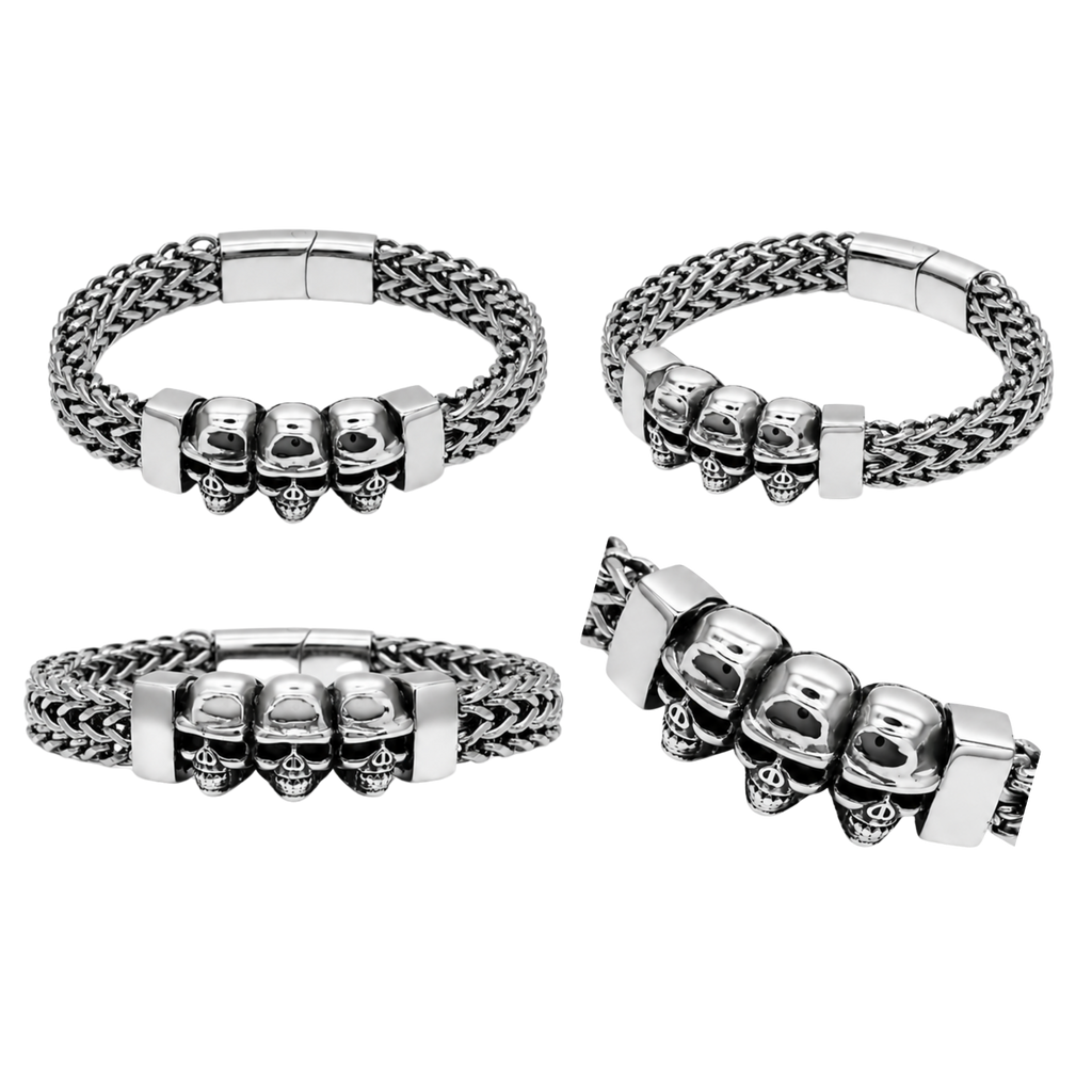 Triple Skull Bracelet – Affordable Non-Tarnish Stainless Steel Men's Skull Link Bracelet
