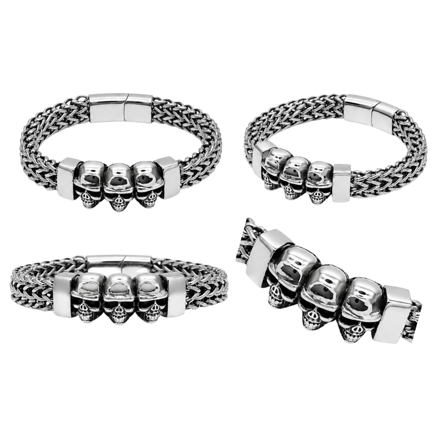 Triple Skull Bracelet – Affordable Non-Tarnish Stainless Steel Men's… – alternate view 2 | Sloop Jewelry – alternate view