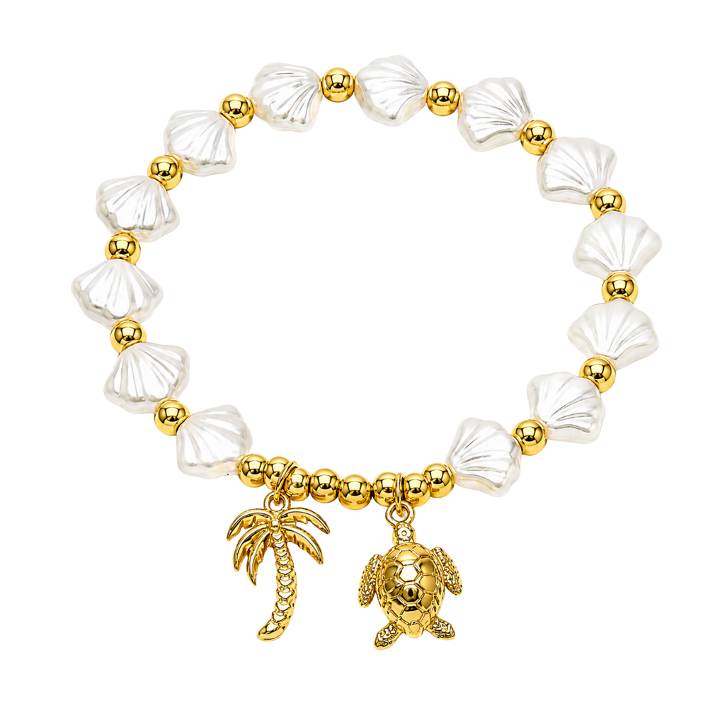 Tropical Pearl Bracelet – Gold Shell Charm & Freshwater Pearl Beaded Bracelet for Women