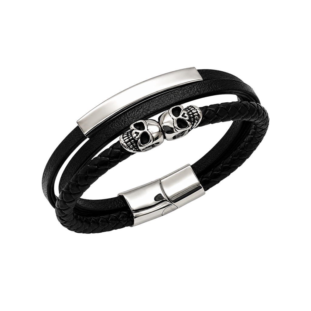 Non-Tarnish Men's Twin Skull Leather Bracelet – Stainless Steel Magnetic Clasp