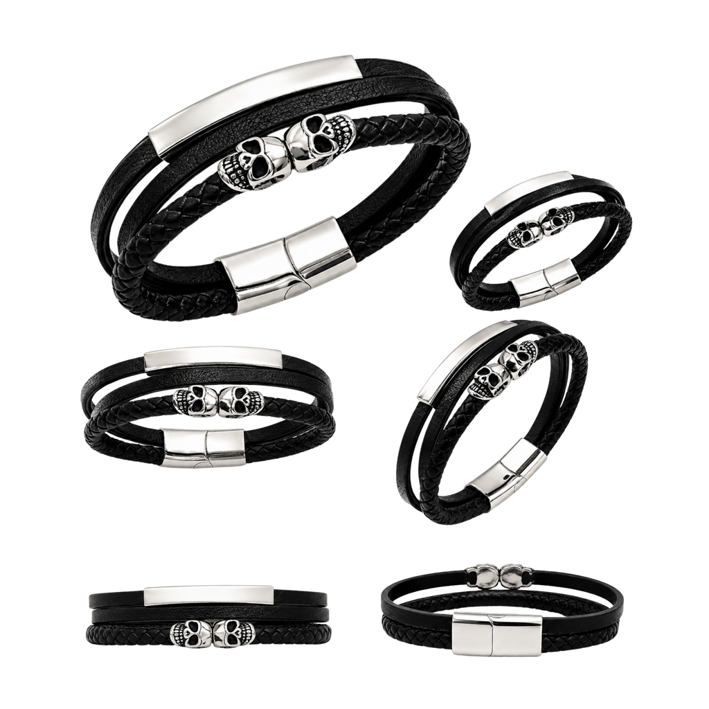 Non-Tarnish Men's Twin Skull Leather Bracelet – Stainless Steel Magnetic Clasp