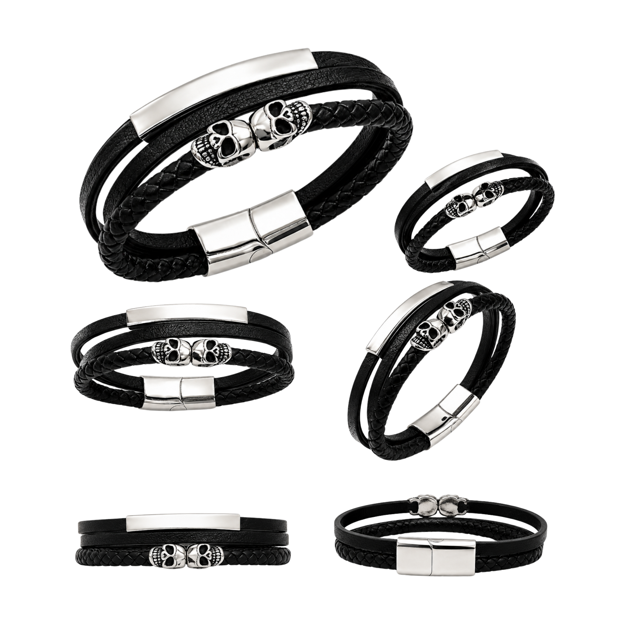 Non-Tarnish Men's Twin Skull Leather Bracelet – Stainless Steel Magnetic Clasp
