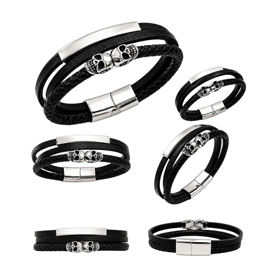 Non-Tarnish Men's Twin Skull Leather Bracelet – Stainless Steel… – alternate view 2 | Sloop Jewelry – alternate view